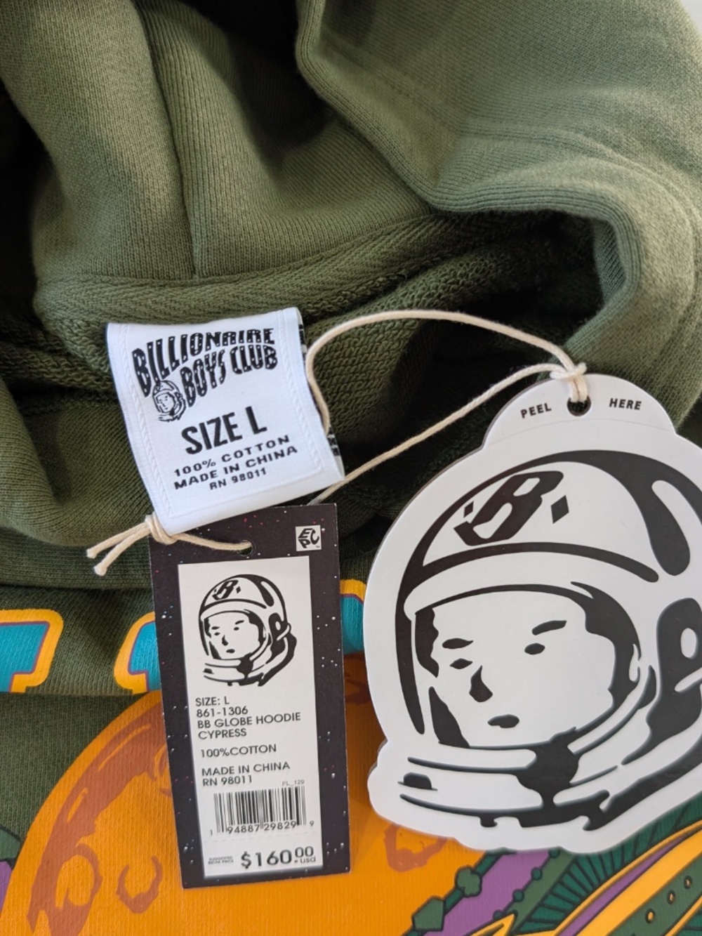 BBC Billionaire Boys Club Globe Hoodie Size L Olive Green Zipper Pockets New - Picture 10 of 11